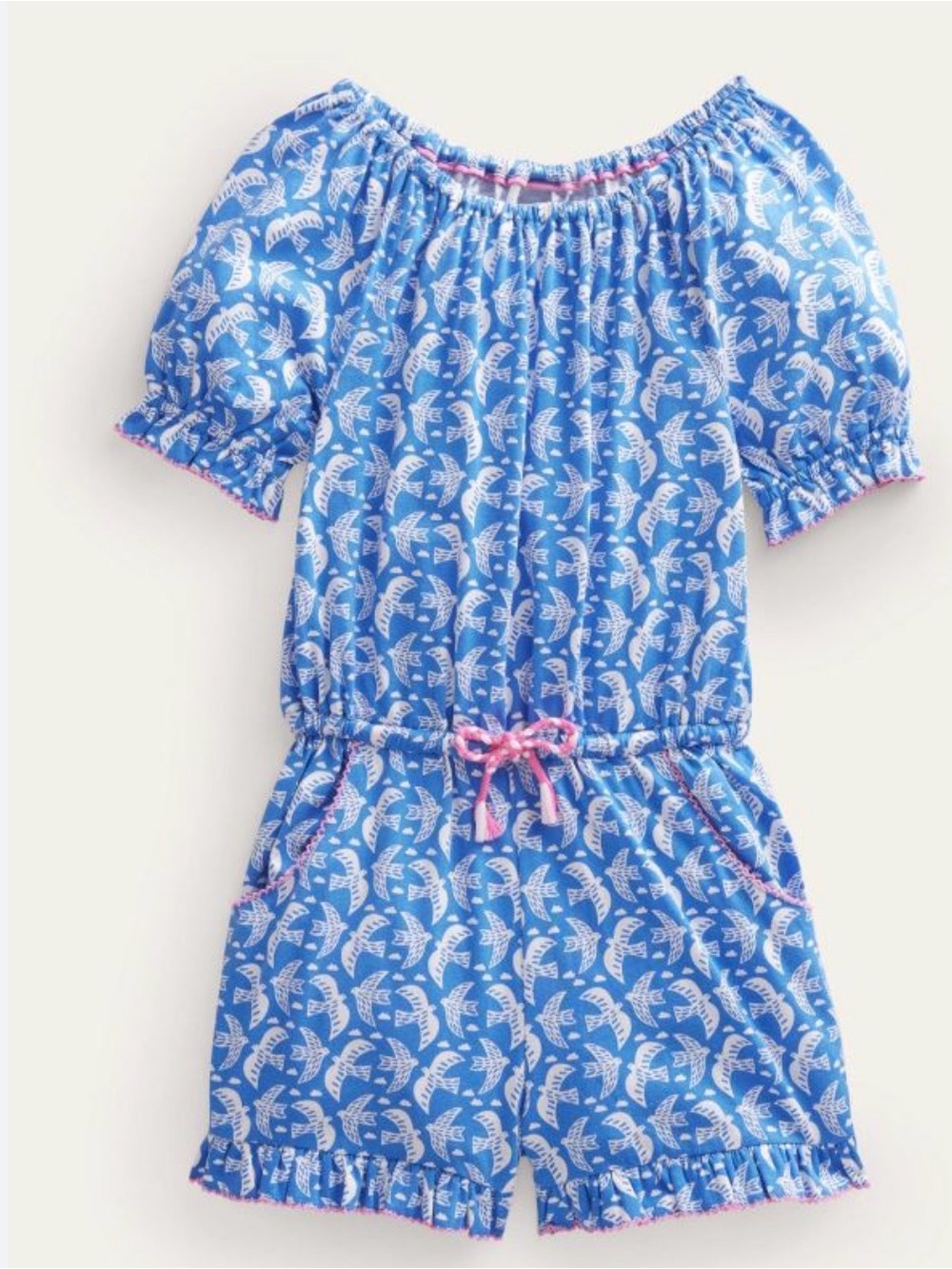 Mini Boden Blue Dolphin-Print Cotton Romper Pajama with Pink Trim